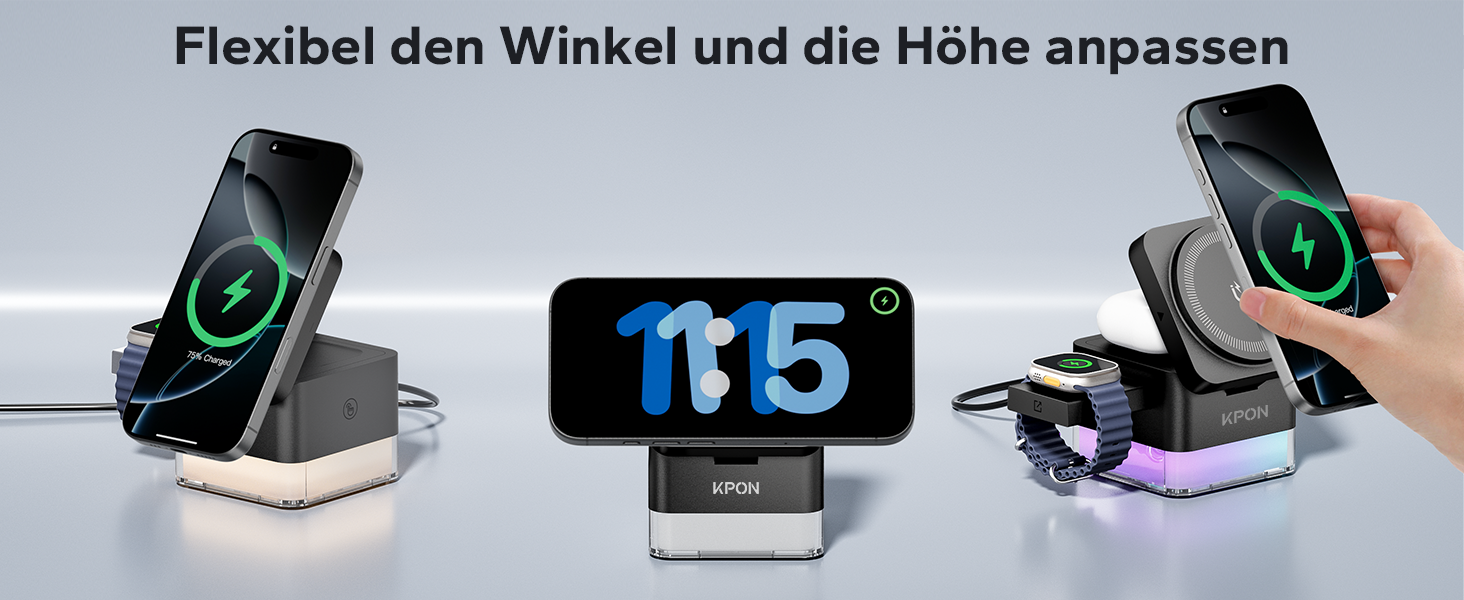 База для зарядки Apple Watch та iPhone KPON Magsafe 3-в-1, сумісна з iPhone 17/16/15/14/13/12/Air/Pro Max, Apple Watch 11/10/9, AirPods (Сірий/Чорний)