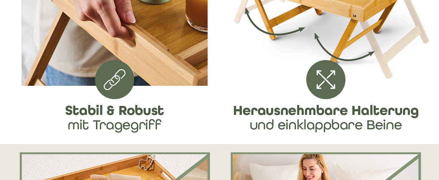 Бамбуковий приліжкові столики Blumtal з ніжками для планшетів/телефонів - столики для сніданку в ліжко - складаний приліжкові столики 50 x 30 x 6 см - сервірувальне піднос з ніжками - стабільний приліжкові столики з натурального дерева