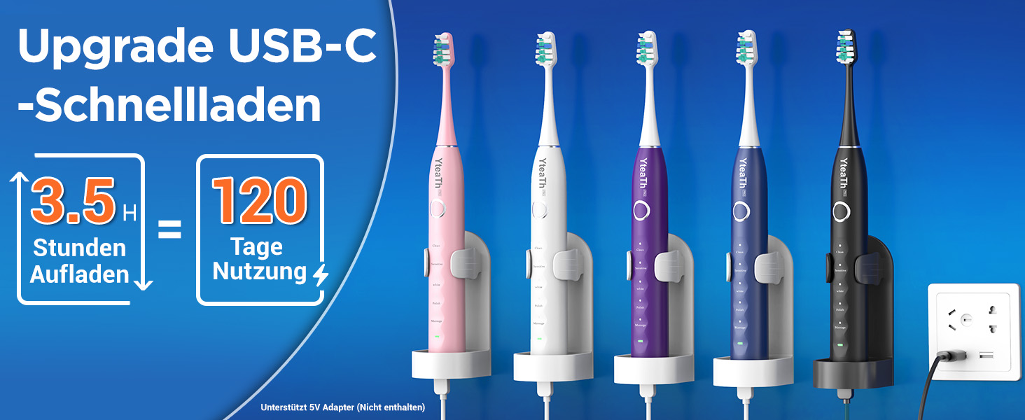Електрична зубна щітка зі звуковими вібраціями, 8 насадок (3 типи), таймер, 120 днів роботи від акумулятора, 5 режимів чищення, чорний колір, для дорослих, з зарядною станцією