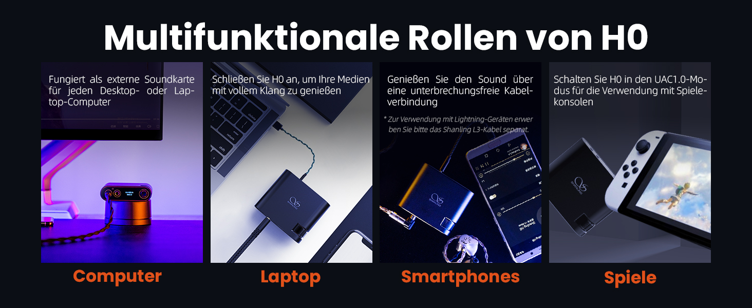 Shanling H0 - Портативний ЦАП/підсилювач, для ПК, ноутбуків, геймінгу, без акумулятора, 32-біт/768kHz DSD256, 3.5mm/4.4mm виходи