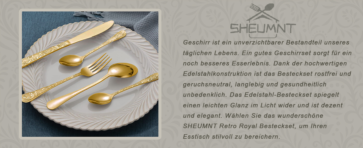 Набір столових приборів 24 предмети в золотистому вінтажному стилі для 6 осіб, нержавіюча сталь, з гравіюванням, високоякісне полірування