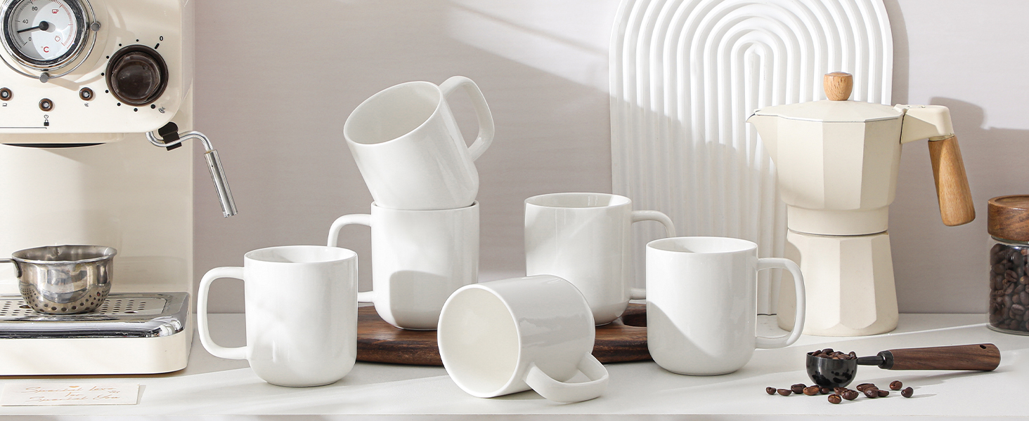 Набір чашок для кави MALACASA LUNA, 6 шт., 300 мл, порцеляна. Підходять для кави, чаю, соку, лате, капучино, какао. Можна мити в посудомийній машині та використовувати в мікрохвильовці. Серія LUNA, білий колір.