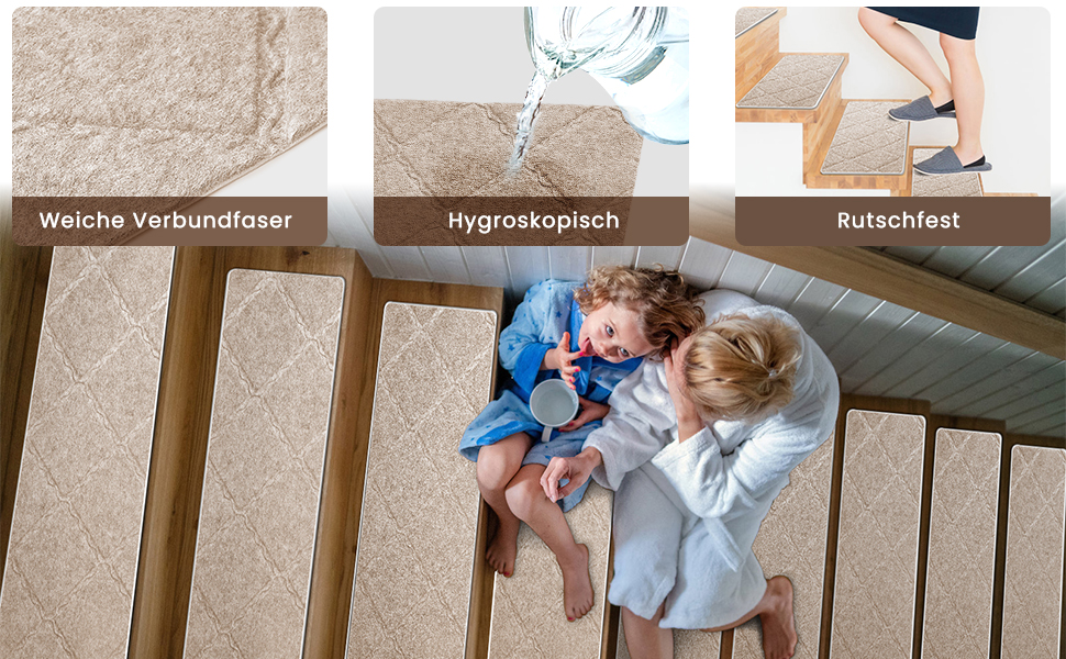 Килимок на сходи, 15 шт., самоклеючий, антиковзаючий, для дому. Розмір: 55x19 см (також 65x20 см), бежевий. Захист для дітей, домашніх тварин та літніх людей.