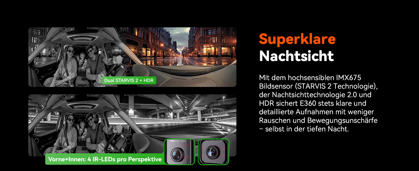 Панорамний відеореєстратор VANTRUE E360 5.2K Dual STARVIS 2 HDR 360°, сенсорний екран 1.54