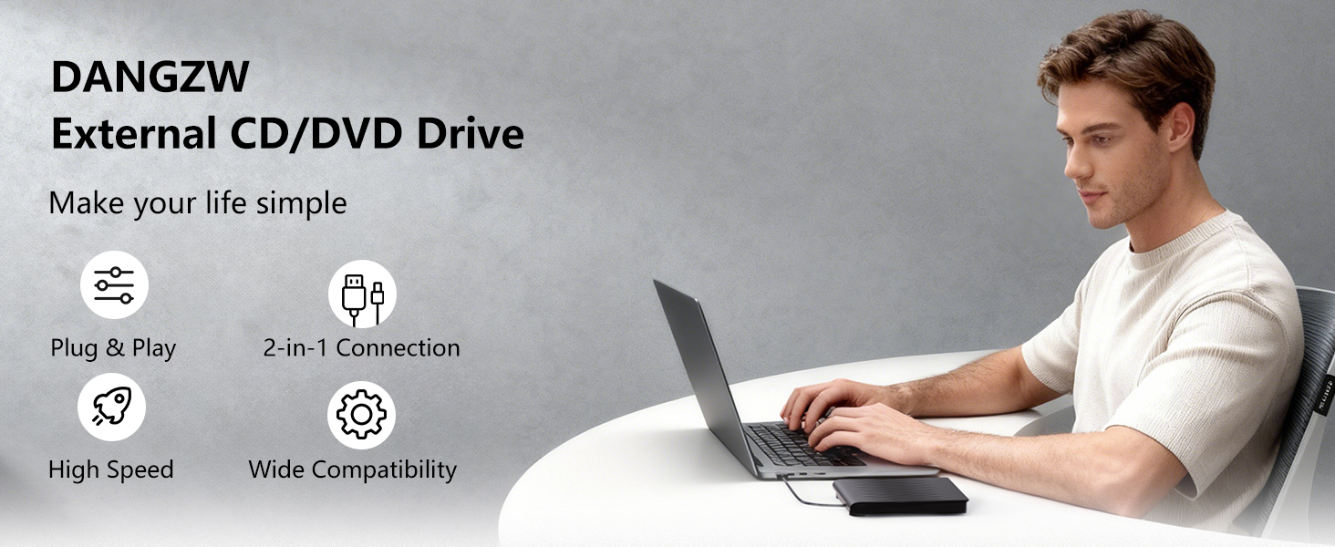 Зовнішній DVD/CD привід DANGZW USB 3.0 Type-C, портативний DVD-брунер та плеєр для ноутбука та ПК, сумісність з Windows, MacOS, Linux (сірий)