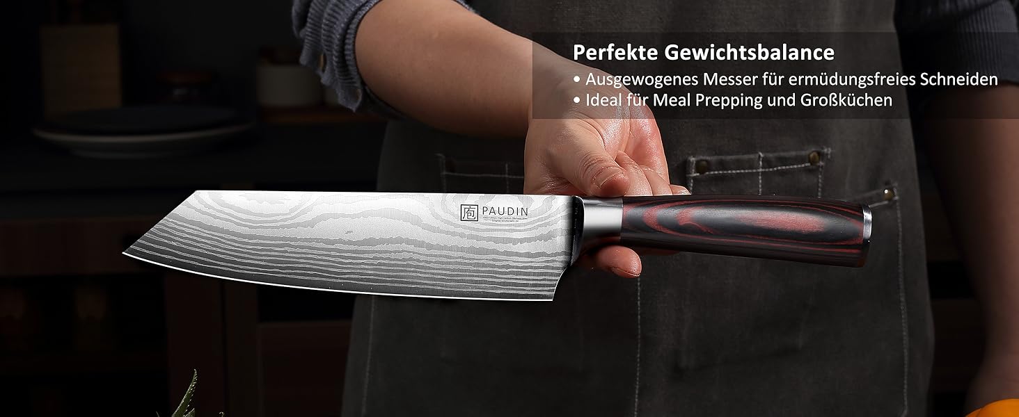 Японський ніж Santoku від Paudin, 20 см, Kiritsuke, з високоякісної сталі, ергономічна ручка, для м'яса, риби та овочів