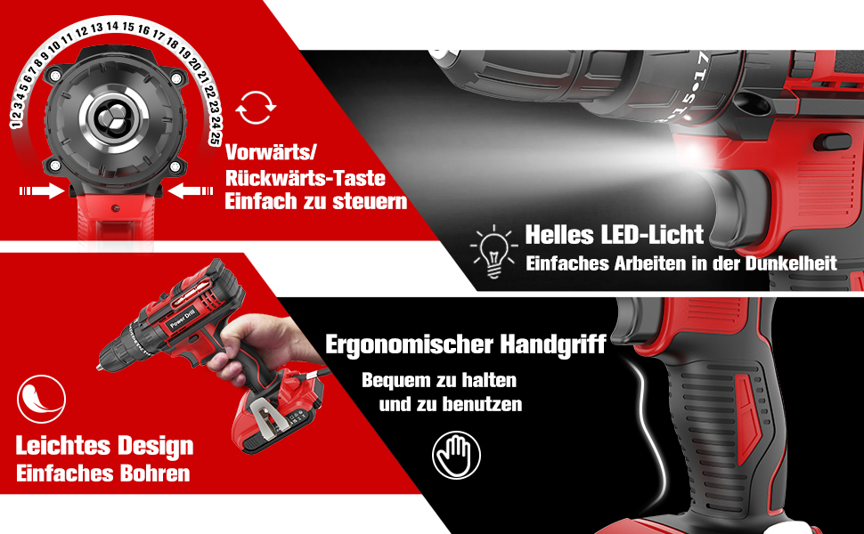 Акумуляторний дриль-шуруповерт BETENST 21V з 2 акумуляторами 2.0Ah, 42Nm, 25+3 ступені крутного моменту, 2 швидкості, LED-підсвічування, 30-ти елементний набір для дому, саду та DIY проектів