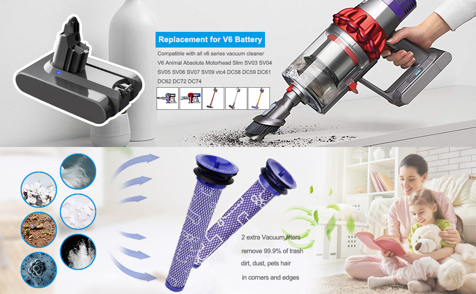 Замінний акумулятор Dyson V6 6000mAh (DC58, DC62, DC59, DC61, DC72, DC74, SV03, SV05, SV06, SV07, SV09) + 2 фільтри