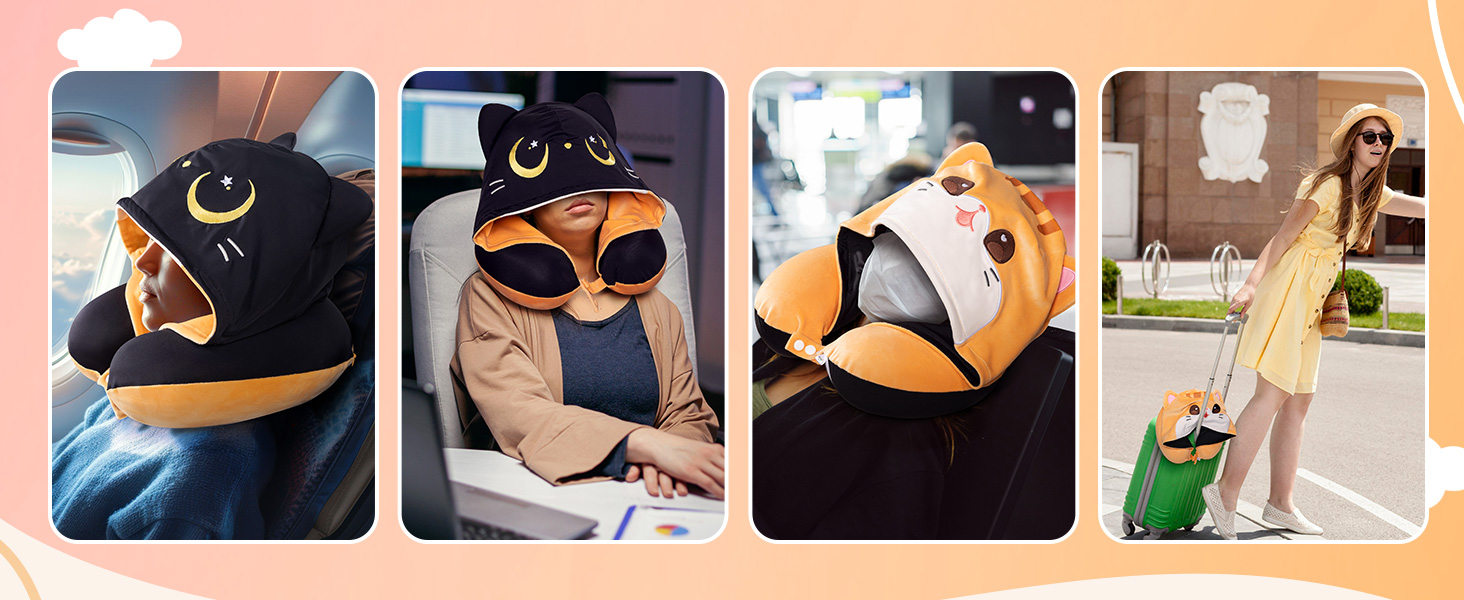 Подушка для шиї Mewaii для подорожей, двостороння подушка для дорослих, подушка для шиї з memory foam для літаків, обертова подушка для шиї з котячим капюшоном, регульований ремінь, чорний, перекидний