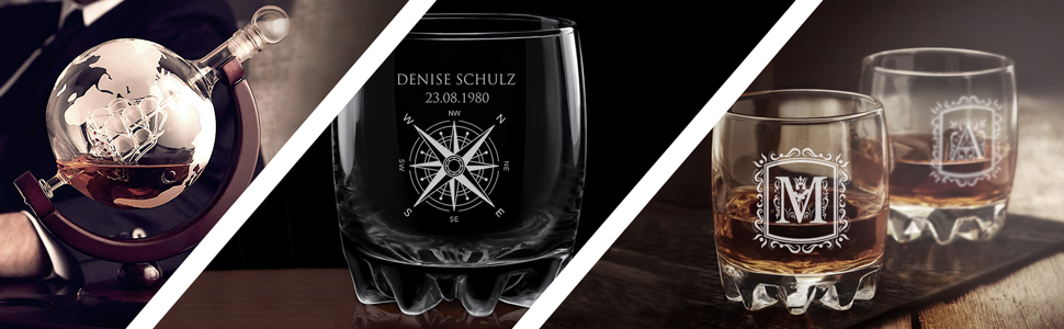 Maverton Whisky Decanter with Engraving - Globe with Ship, 850 ml - Set of 6 Whisky Glasses - Whisky Decanter - Christmas Gifts - Birthday Gift for Men - Personalized - Gentleman Whiskey