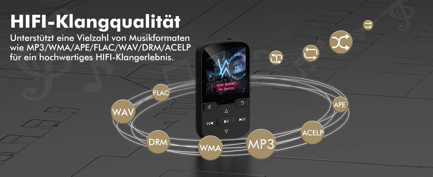 MP3 плеєр Bluetooth 5.3 з кліпсою, HiFi спортивний плеєр для дітей з FM-радіо, диктофоном та крокоміром, 64GB, чорний