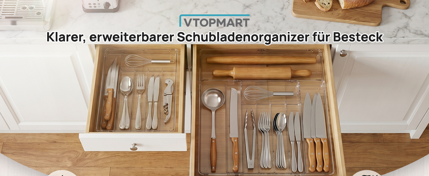 Органайзер для столових приборів Vtopmart в шухляду, розсувний, прозорий, 6-9 відділень, з відділенням для ножів та етикетками, 36.5-46.4 см