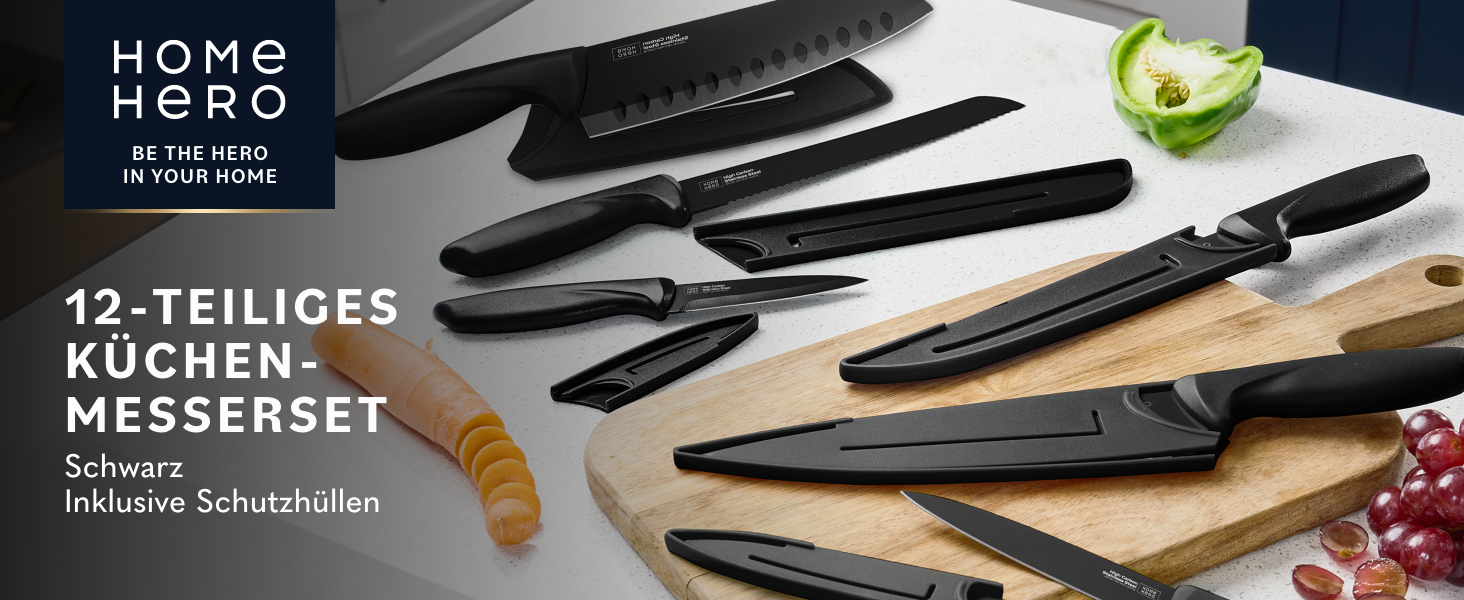 Home Hero Professional Stainless Steel Kitchen Knife Set - 11 Piece with Sheath - Black