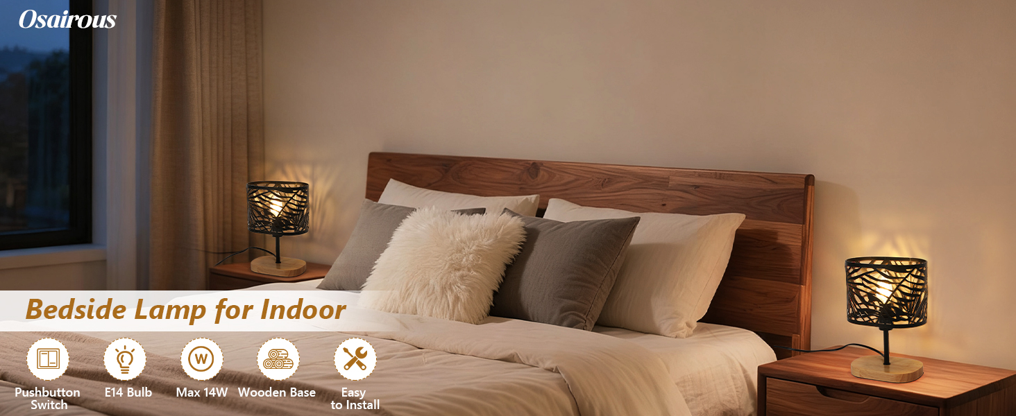 Настільна лампа дерев'яна вінтажна E14, чорна з дерев'яним цоколем та металевим абажуром, для дитячої кімнати, вітальні, спальні, бару