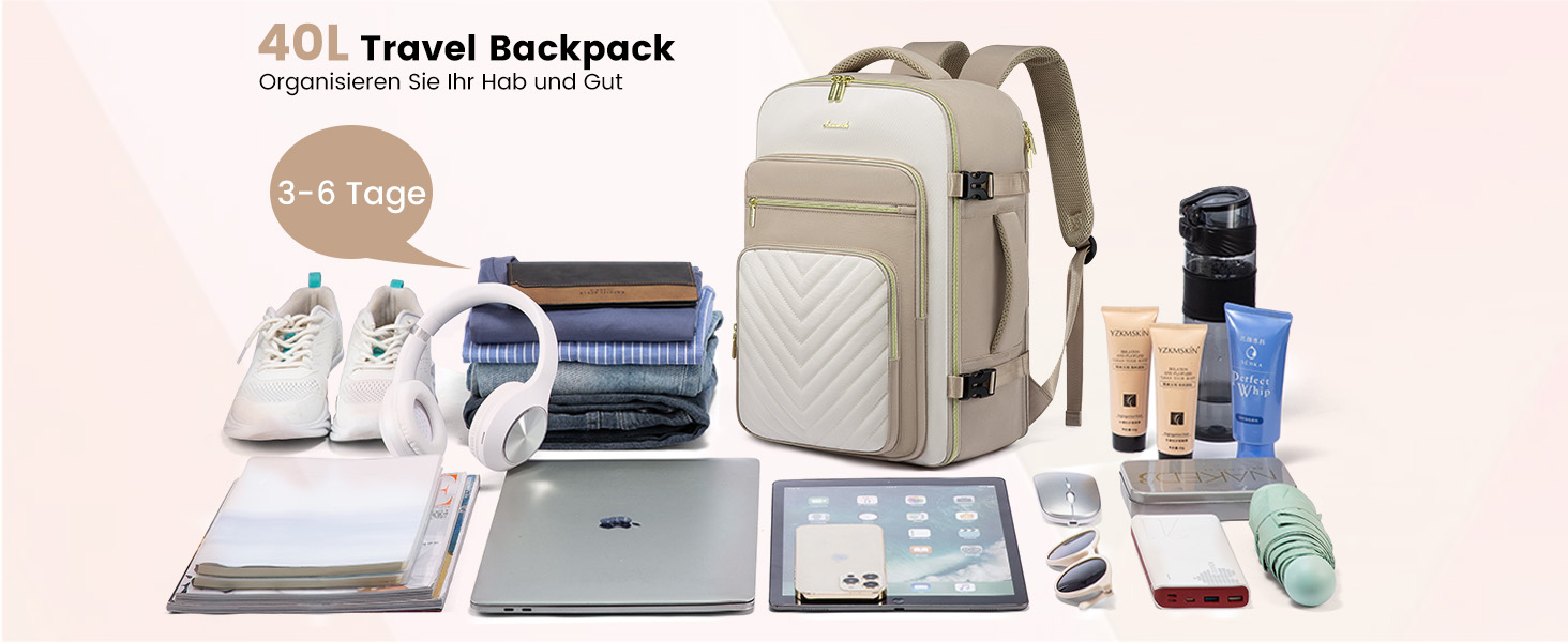 Рюкзак LOVEVOOK 40L для ручної поклажі в літак, водонепроникний, з відділенням для ноутбука 17 дюймів, для подорожей, роботи, хайкінгу, оливково-бежевий