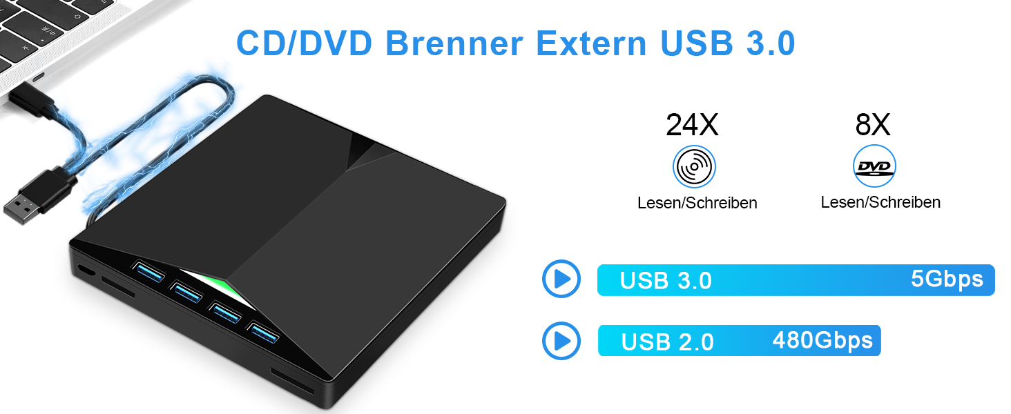 Зовнішній USB 3.0 CD/DVD привід-записувач з Type-C та багатофункціональним картрідером (USB, SD, TF) для ноутбука та ПК, Windows/Linux