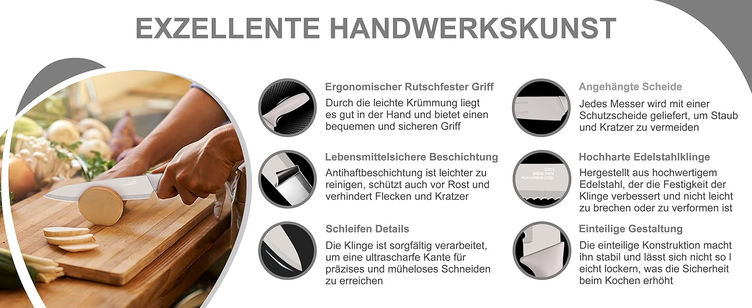 Набір кухонних ножів Homikit, нержавіюча сталь, 6 предметів, з захисним чохлом. Включає: кухарський ніж, ніж для м'яса, ніж для хліба, універсальний ніж, ніж для очищення овочів, сатокі. Антипригарне покриття, Khaki