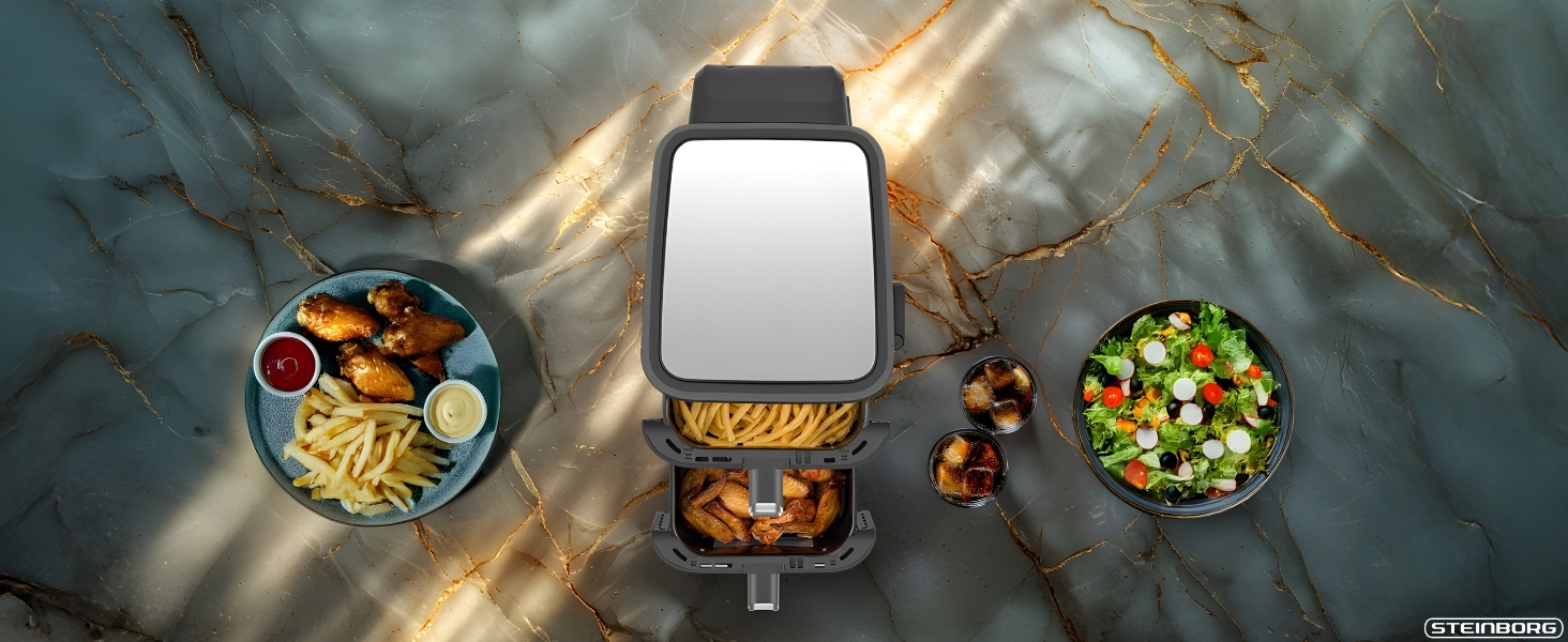 Фритюрниця Steinborg® з подвійною камерою, 11 літрів, фритюрниця без олії, гриль, духовка, сушка, 2 вертикальні шухляди (5,5л+5,5л)