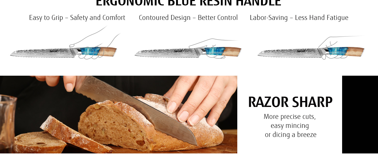 Японський ніж з дамаської сталі Hecef, 20 см, професійний кухонний ніж з ергономічною ручкою з смоли, 67 шарів, з захистом для ножа, подарунок для шеф-кухаря та любителів кулінарії
