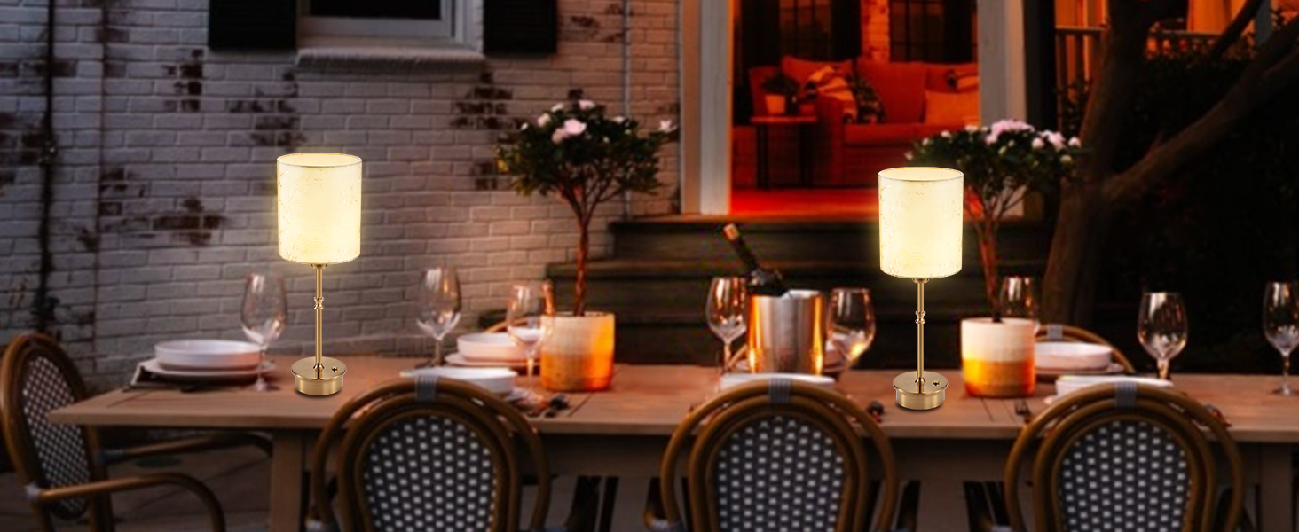 OCEST Настільна лампа на акумуляторі, сенсорне керування, регульована яскравість, для дому, кухні, тераси, їдальні (античне латунь-льон), плафон з шовку 41,5 см