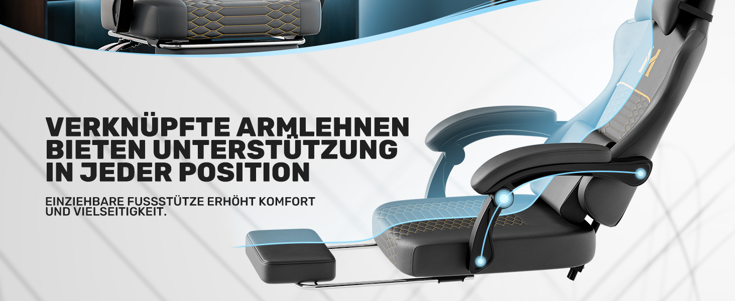 Геймерське крісло Ergonomisch з підлокітниками, підставкою для ніг, підтримкою попереку та голови, регульованою висотою, оббивка PU, сіре (P-black)
