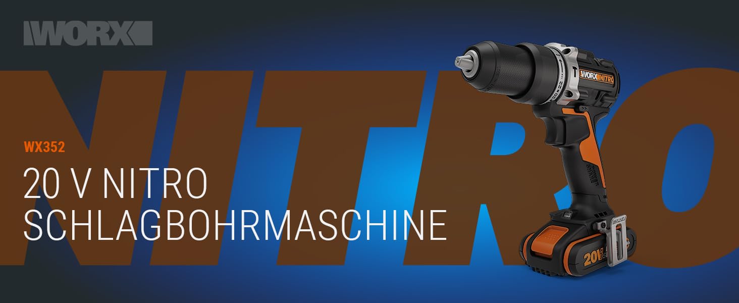 WORX NITRO WX352 Акумуляторний ударний дриль-шуруповерт Set 20V - безщітковий двигун, 60Nm, 2-швидкісна коробка передач, LED-підсвічування, комплект з 2 x 20V 2Ah акумуляторами та 2A зарядним пристроєм
