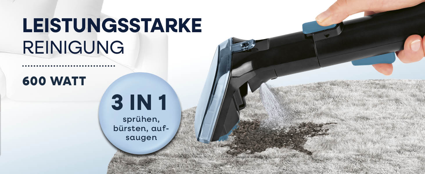 CLEANmaxx Професійний мийний пилосос для килимів та м'яких меблів Pro Power 600W | 3-в-1: миття, чистка килимів та м'яких меблів, видалення локальних забруднень | Для килимів, авто, диванів, м'яких меблів. Колір: блакитний
