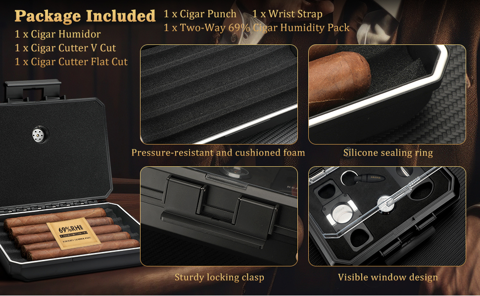 KEJIAR Вологостійкий футляр для сигар з набором інструментів: різець V-подібний, різець Straight Cut, штамп. Чорний