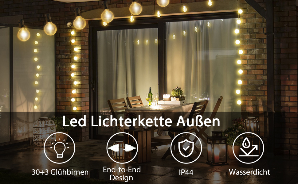 LED-гірлянда для зовнішнього використання, 19 м, з 30+3 лампочками G40, IP44, для декору саду, вечірок, балкону