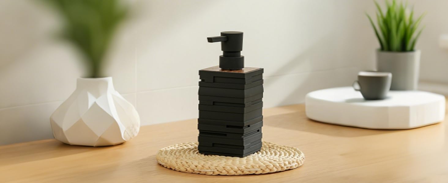 Диспенсер для мила та миючого засобу чорного кольору з дерева для кухні та ванної кімнати, з помповим дозатором