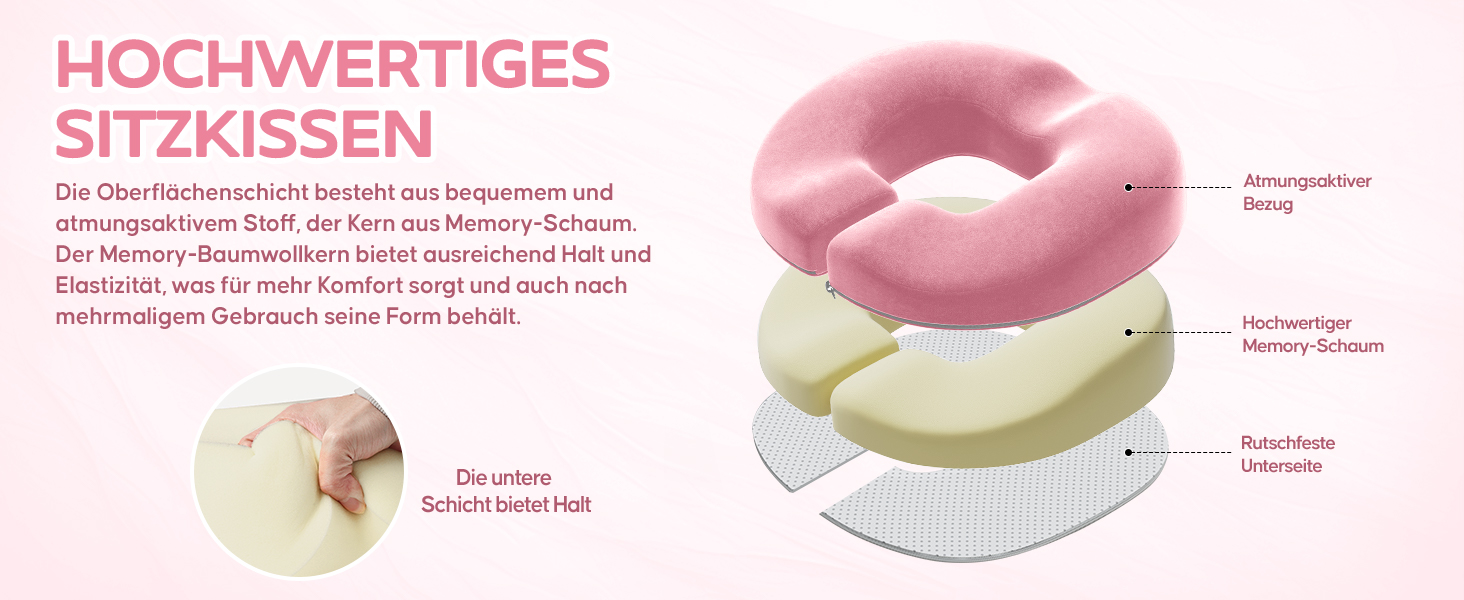 Ортопедична подушка для сидіння Benazcap Donut - для офісних крісел, авто та інвалідних візків. З піною з пам'яті для геморою, ішіасу, вагітності та після пологів (Рожева)