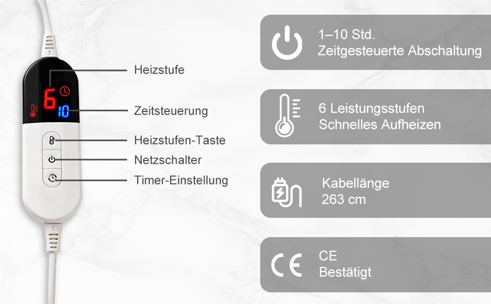 Електрична ковдра COZYTY 150x200 см з таймером та захистом від перегріву, фланель, 6 режимів нагріву, сіра