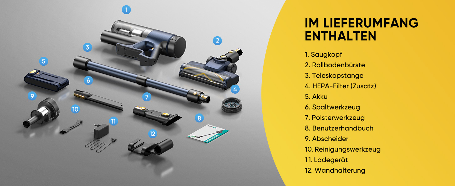 Бездротовий пилосос Vexilar V12 Akku: 50 хв роботи, 50 kPa, 450W, антизаплутування, легкий, безщітковий мотор, для твердих поверхонь, килимів, шерсті тварин, синій
