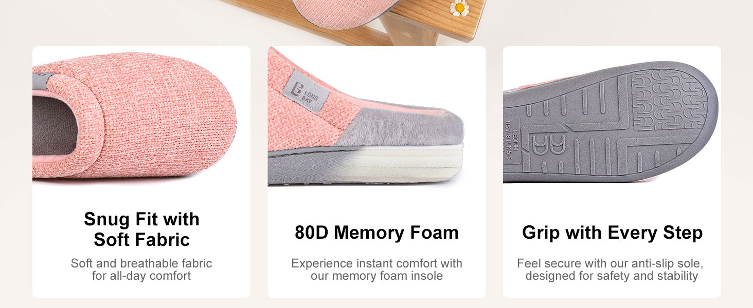Жіночі домашні капці LongBay з ефектом пам'яті (Memory Foam), протиковзкі зручні тапочки slip-on, чорні, розмір 38/39 EU