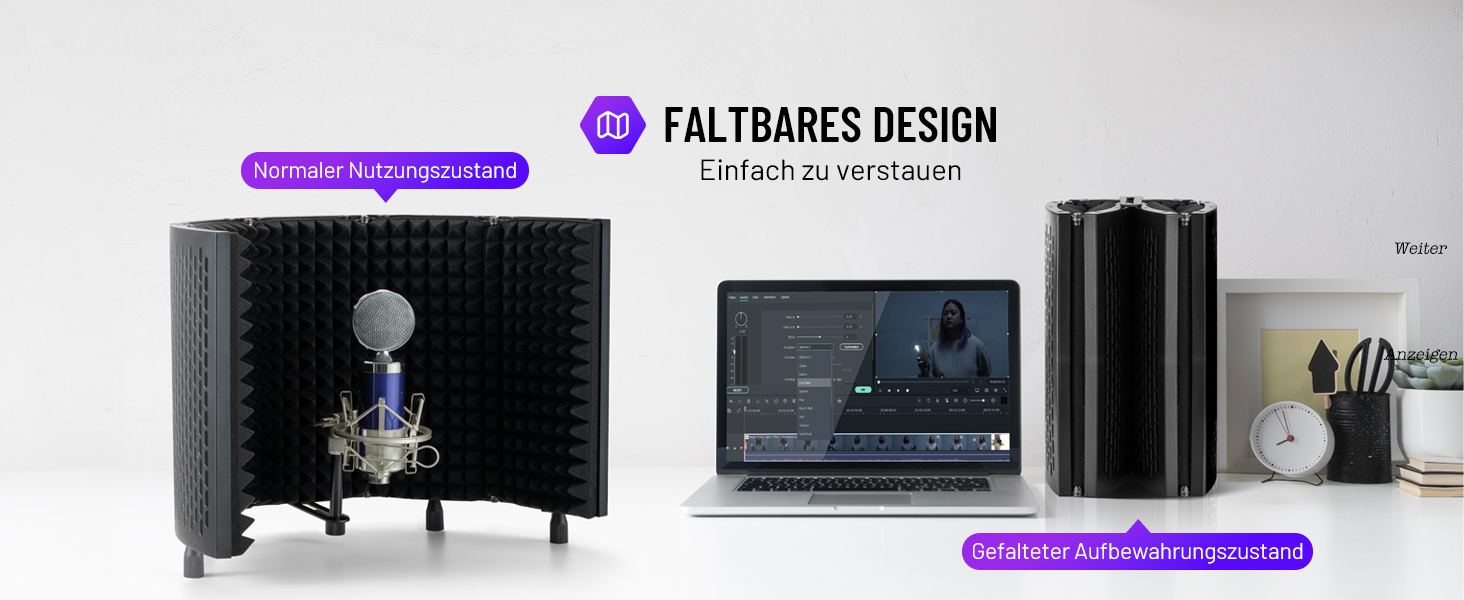 Акустичний ізоляційний екран для мікрофона CAHAYA, 5-панельний поглинач звуку та поп-фільтр, регульований на 180°, складаний захисний щит для студійного запису