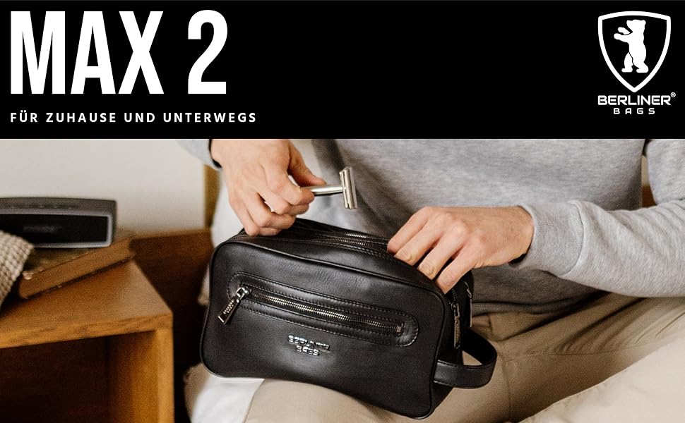 Шкіряна косметичка для подорожей Berliner Bags Premium Kulturbeutel Max, велика сумка для гігієнічних засобів з 2 відділеннями, унісекс, чорна