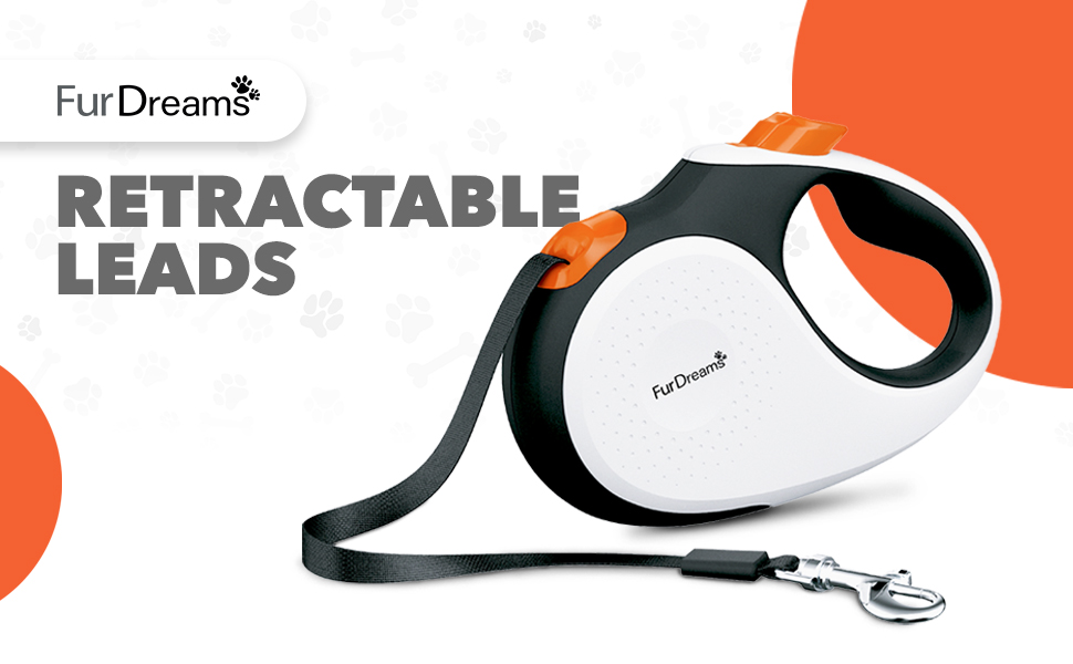 Рулетка для собак FurDreams – міцна висувна повідка 5 м | Зі зручним неслизьким руків'ям та блокуванням | Міцний нейлоновий шнур, що не заплутується | Карабін для нашийника (великий) | Оранжевий, великий