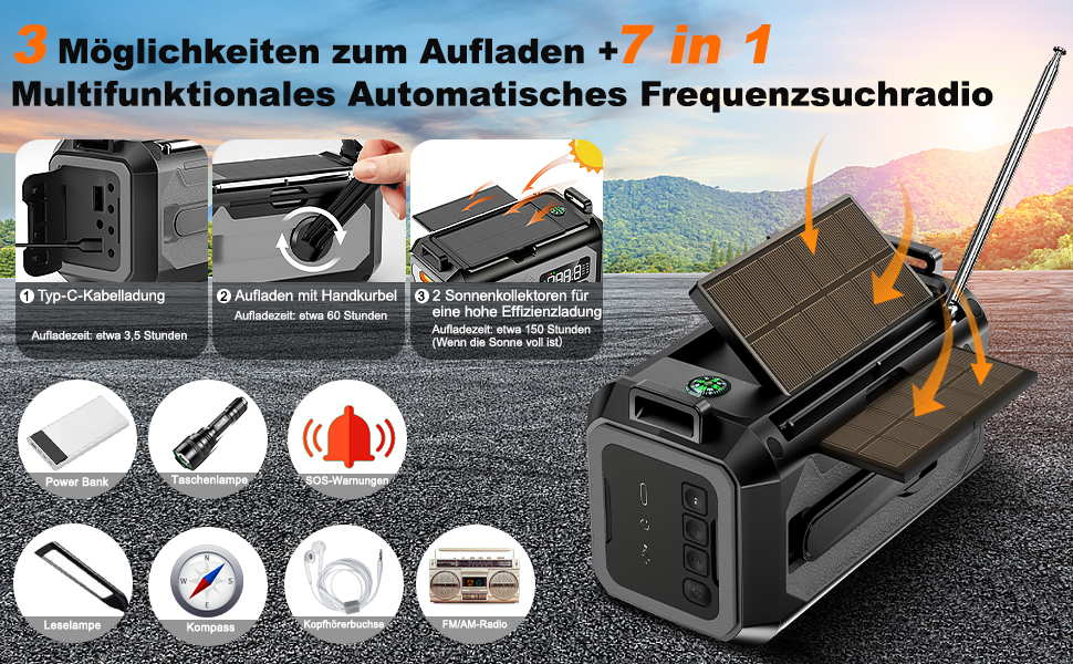Радіоприймач Kurbelradio на 12000mAh з ручним зарядом, сонячною панеллю, AM/FM, зарядкою для телефону, SOS, ліхтарик, компас, LED-лампа (сірий)