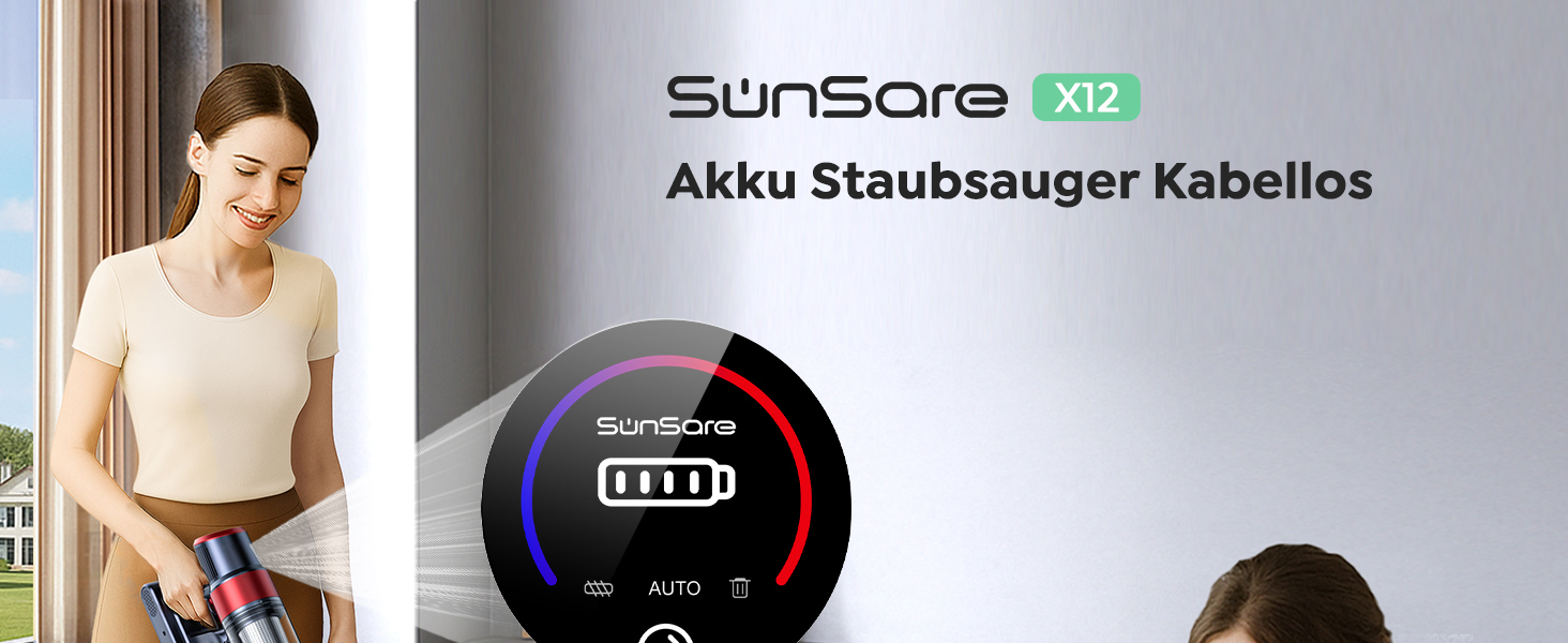 Бездротовий акумуляторний пилосос SunSare 600W з автоматичним режимом, сенсорним екраном та висувним шлангом 1м для твердих поверхонь, килимів та шерсті тварин