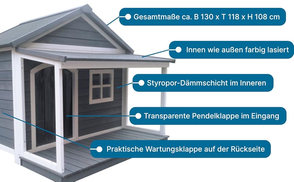 Будка для собак з масиву дерева, вологостійка, з дахом та вікном, розмір 130x118x108 см