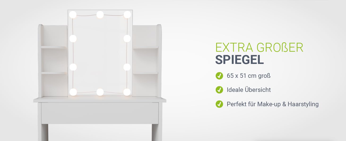 Туалетний столик Juskys Zoey з LED підсвіткою, дзеркалом, шухлядою, 3 відділеннями та шафкою, 90x38x137 см, білий, дерев'яний косметичний стіл