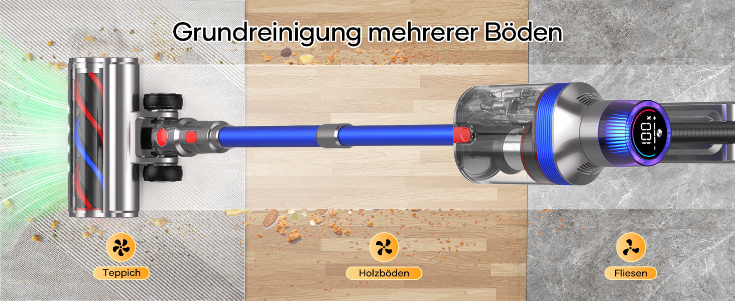 Бездротовий пилосос REBANIC S18 Max з дисплеєм, 600 Вт, 75 хвилин роботи, 58000 Па, об'єм контейнера 2 л, для твердих підлог, килимів, шерсті тварин, блакитний