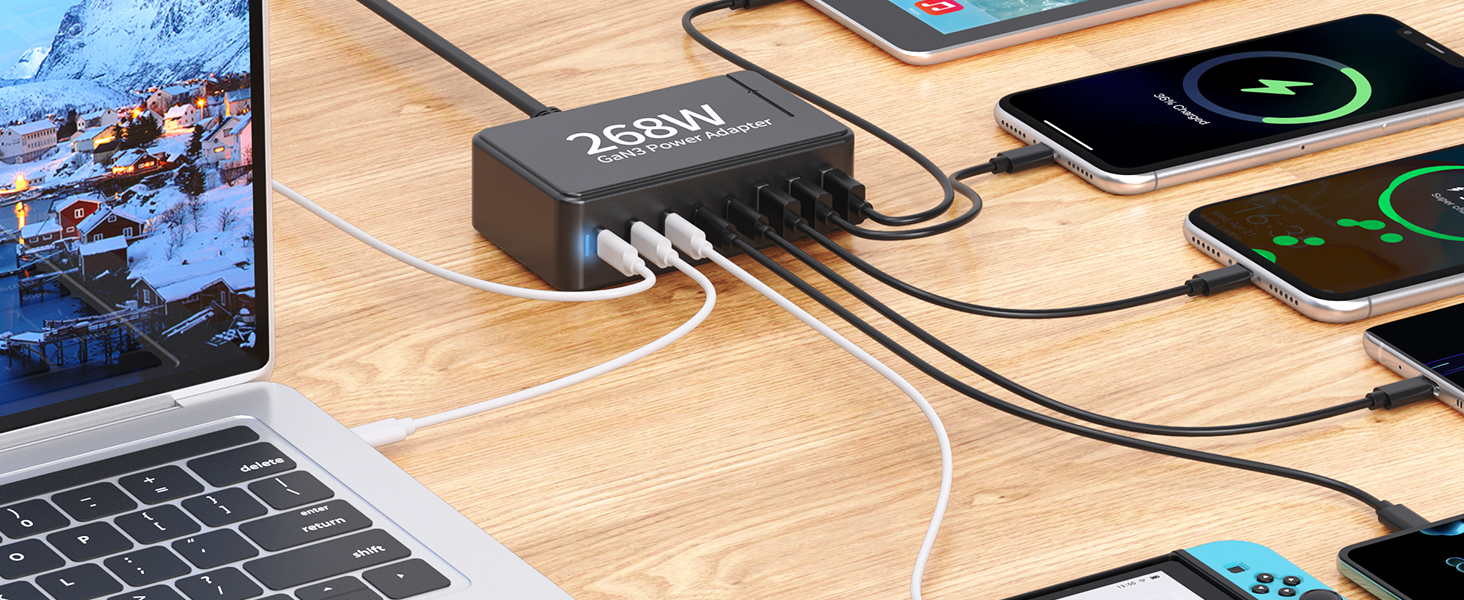 Зарядний пристрій USB-C GaN III 268W: 8 портів, швидка зарядка PD для iPhone, Samsung, MacBook, Dell, Steam Deck та інших пристроїв