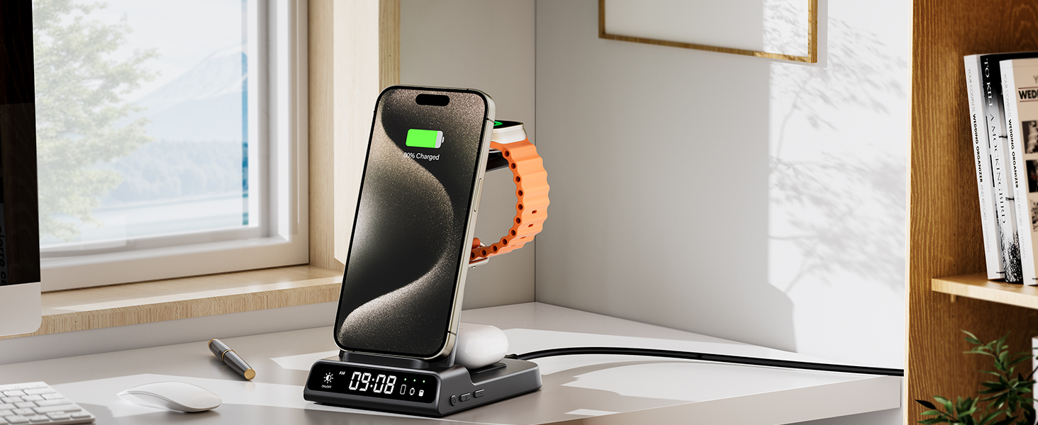 Бездротова зарядна станція 3-в-1 для Apple iPhone 16/15/14/13/12 Pro/Plus, Apple Watch Ultra 2/9/8/7/6/5, AirPods Pro/4/3/2 – Чорна