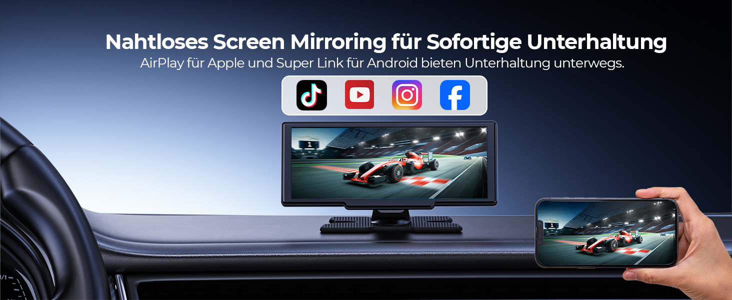 Krunia 8.1'' Бездротовий портативний CarPlay-екран 60FPS для Apple CarPlay та Android Auto з OTA-оновленнями, камерою заднього виду, Mirror Link, Bluetooth, голосовим керуванням та GPS-навігацією