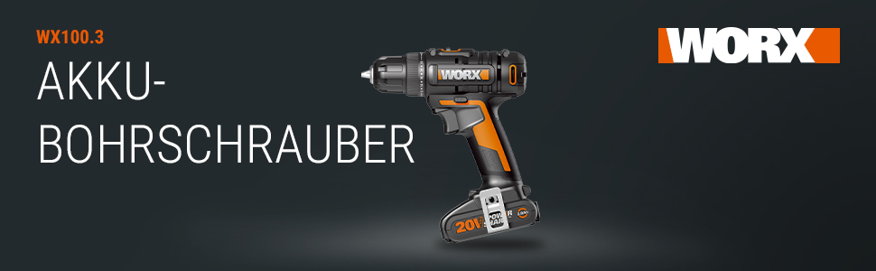 WORX WX100.3 акумуляторний дриль-шуруповерт 18V, PowerShare, 30 Nm, LED, безключовий патрон 10 мм, 2 акумулятори, оранжевий & чорний