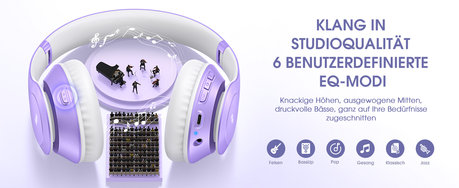 Бездротові навушники Uliptz Bluetooth Over Ear: 65 годин роботи, 6 EQ-режимів, HiFi стерео, складна конструкція, для подорожей/офісу/телефону/ПК (фіолетовий)