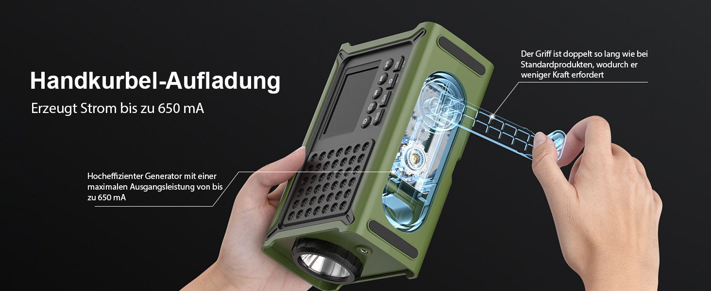 Радіоприймач Kurbelradio з DAB/DAB+/UKW, акумулятор 12000mAh, сонячна панель 8500mm², ручний генератор, Bluetooth 5.0, ліхтарик та світло для читання, для відпочинку на природі, кемпінгу, зелений