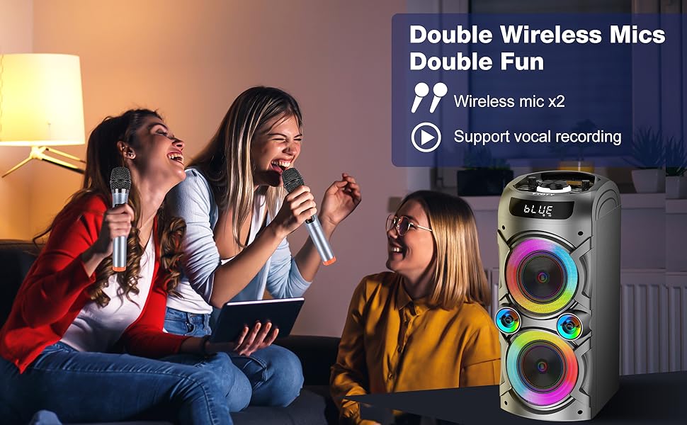 Караоке-система з 2 бездротовими мікрофонами, портативна PA-система Bluetooth з LED-підсвіткою, USB/TF-карта, пульт ДУ