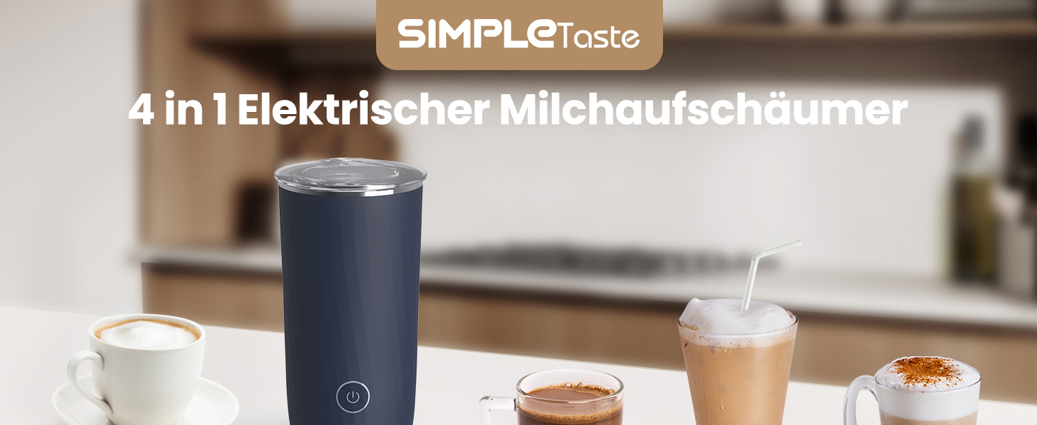 Електричний спінювач молока SIMPLETASTE 4-в-1: гарячий та холодний спінений молочний напій, підігрів молока, приготування какао, антипригарне покриття, автоматичне вимкнення, тиха робота, BPA-free, для капучино та лате з насадкою для збивання